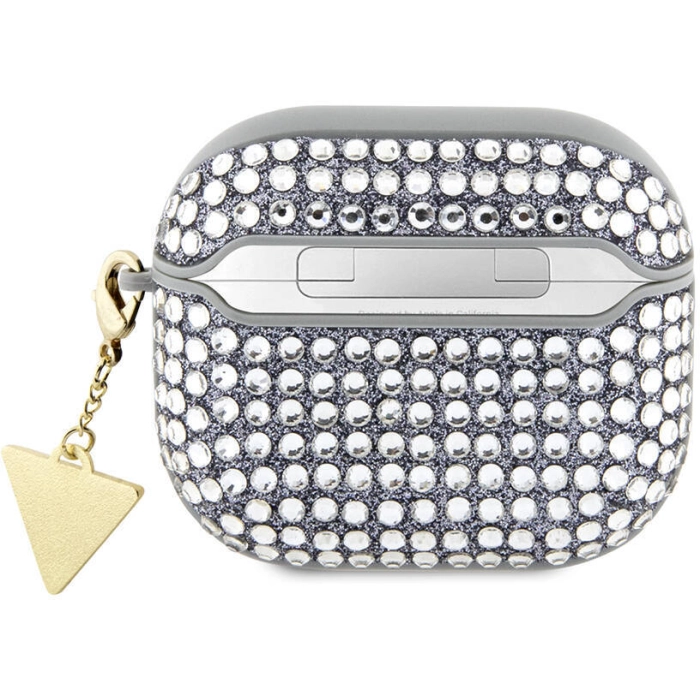 Apple Airpods 3. Nesil Kılıf Guess Orjinal Lisanslı Parıltılı Taş Kaplamalı Üçgen Logo Süs Zincirli Kapak - Gümüş