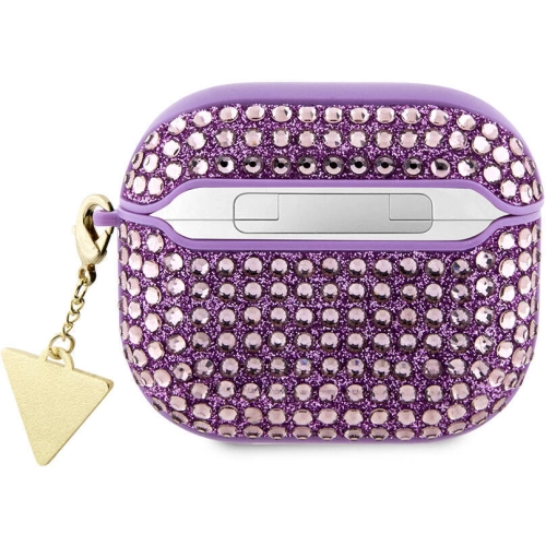 Apple Airpods 3. Nesil Kılıf Guess Orjinal Lisanslı Parıltılı Taş Kaplamalı Üçgen Logo Süs Zincirli Kapak - Mor