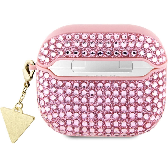 Apple Airpods 3. Nesil Kılıf Guess Orjinal Lisanslı Parıltılı Taş Kaplamalı Üçgen Logo Süs Zincirli Kapak - Pembe