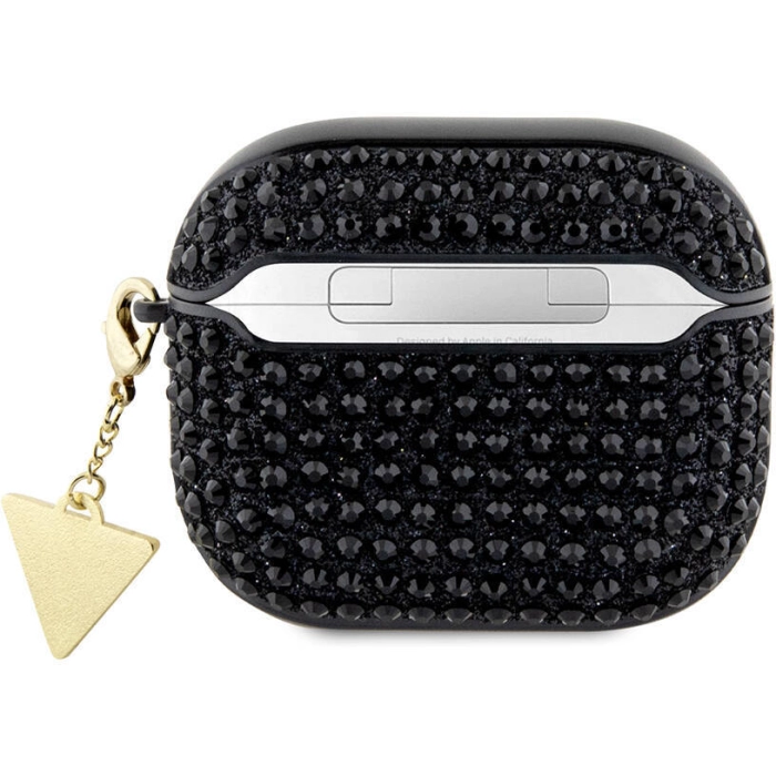 Apple Airpods 3. Nesil Kılıf Guess Orjinal Lisanslı Parıltılı Taş Kaplamalı Üçgen Logo Süs Zincirli Kapak - Siyah