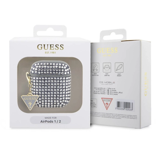 Apple Airpods Kılıf Guess Orjinal Lisanslı Parıltılı Taş Kaplamalı Üçgen Logo Süs Zincirli Kapak - Gold