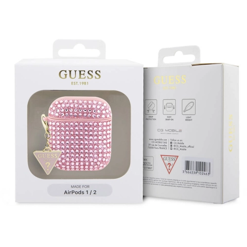 Apple Airpods Kılıf Guess Orjinal Lisanslı Parıltılı Taş Kaplamalı Üçgen Logo Süs Zincirli Kapak - Gold