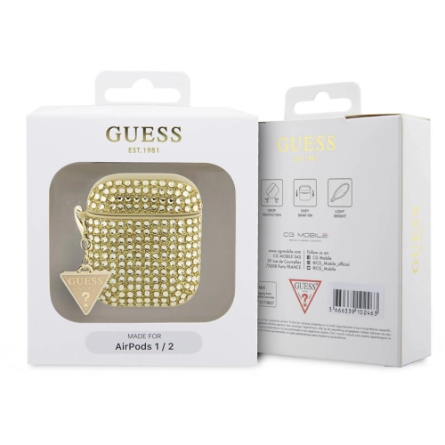 Apple Airpods Kılıf Guess Orjinal Lisanslı Parıltılı Taş Kaplamalı Üçgen Logo Süs Zincirli Kapak - Gold
