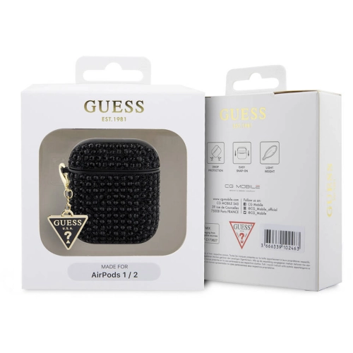 Apple Airpods Kılıf Guess Orjinal Lisanslı Parıltılı Taş Kaplamalı Üçgen Logo Süs Zincirli Kapak - Gümüş