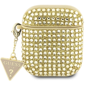 Apple Airpods Kılıf Guess Orjinal Lisanslı Parıltılı Taş Kaplamalı Üçgen Logo Süs Zincirli Kapak - Gold