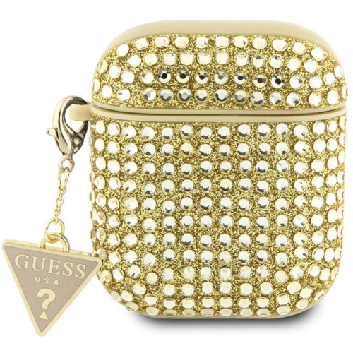 Apple Airpods Kılıf Guess Orjinal Lisanslı Parıltılı Taş Kaplamalı Üçgen Logo Süs Zincirli Kapak - Gold