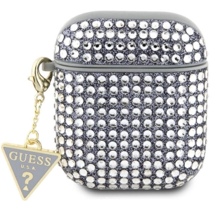 Apple Airpods Kılıf Guess Orjinal Lisanslı Parıltılı Taş Kaplamalı Üçgen Logo Süs Zincirli Kapak - Gümüş