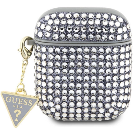 Apple Airpods Kılıf Guess Orjinal Lisanslı Parıltılı Taş Kaplamalı Üçgen Logo Süs Zincirli Kapak - Gümüş