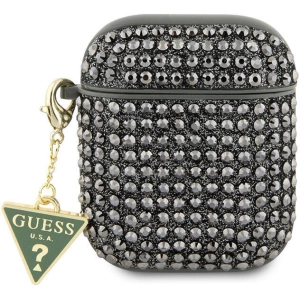 Apple Airpods Kılıf Guess Orjinal Lisanslı Parıltılı Taş Kaplamalı Üçgen Logo Süs Zincirli Kapak - Haki