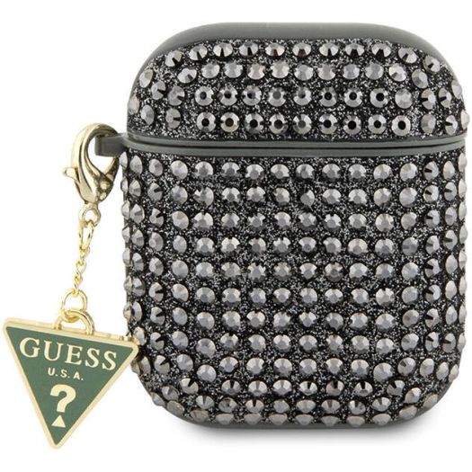 Apple Airpods Kılıf Guess Orjinal Lisanslı Parıltılı Taş Kaplamalı Üçgen Logo Süs Zincirli Kapak - Haki