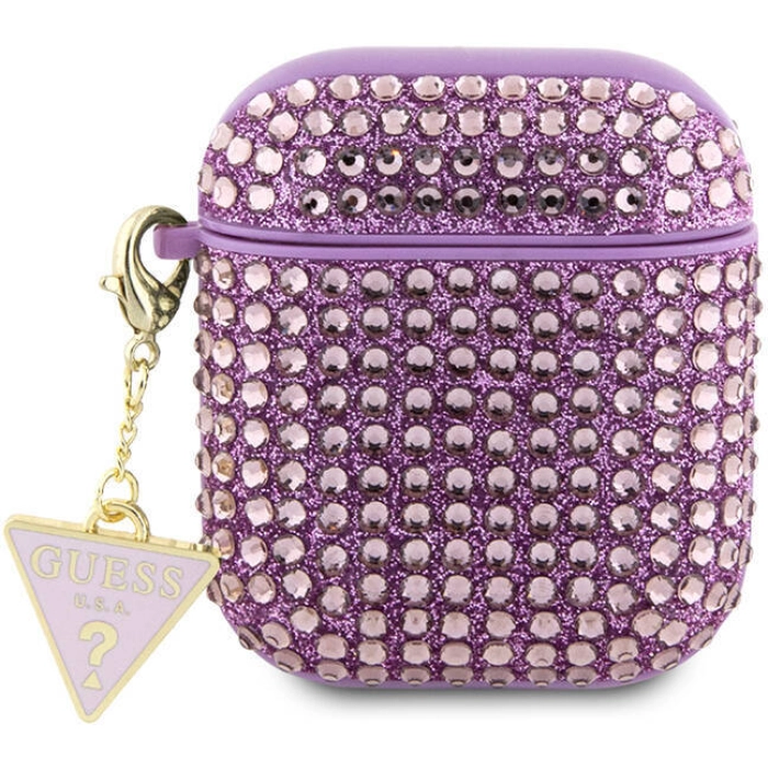 Apple Airpods Kılıf Guess Orjinal Lisanslı Parıltılı Taş Kaplamalı Üçgen Logo Süs Zincirli Kapak - Mor