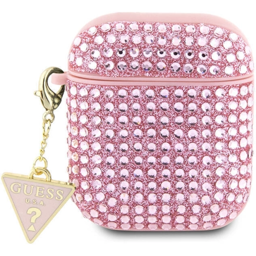Apple Airpods Kılıf Guess Orjinal Lisanslı Parıltılı Taş Kaplamalı Üçgen Logo Süs Zincirli Kapak - Pembe