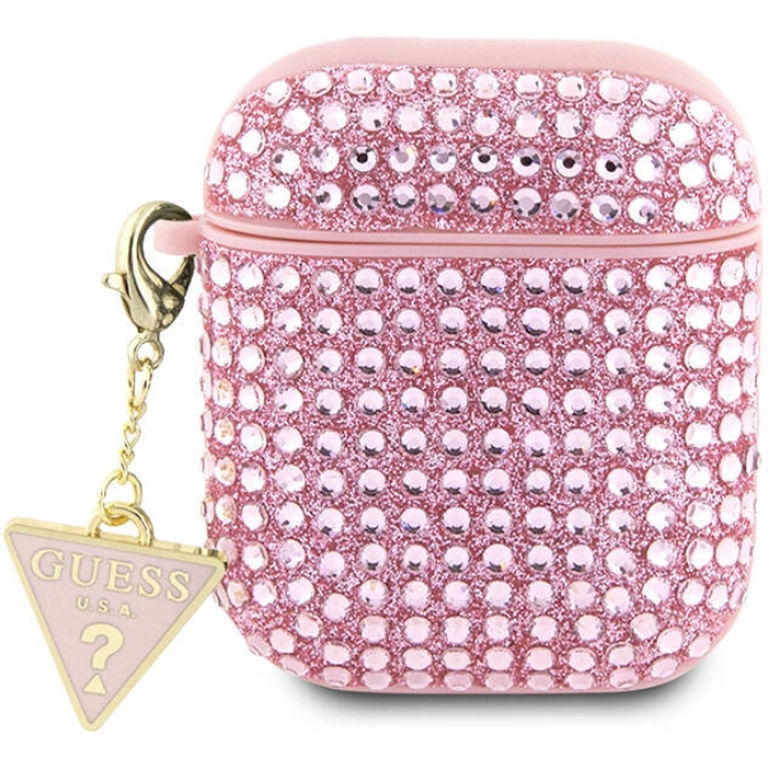 Apple Airpods Kılıf Guess Orjinal Lisanslı Parıltılı Taş Kaplamalı Üçgen Logo Süs Zincirli Kapak - Pembe