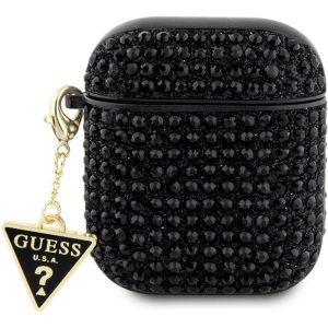 Apple Airpods Kılıf Guess Orjinal Lisanslı Parıltılı Taş Kaplamalı Üçgen Logo Süs Zincirli Kapak - Siyah