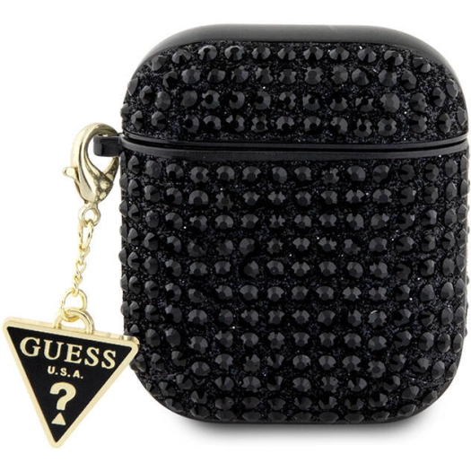 Apple Airpods Kılıf Guess Orjinal Lisanslı Parıltılı Taş Kaplamalı Üçgen Logo Süs Zincirli Kapak - Siyah