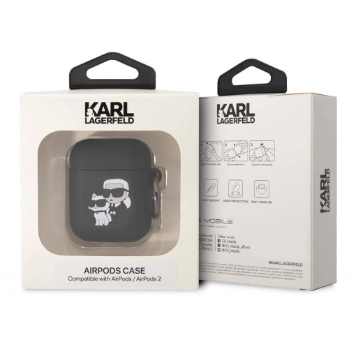 Apple Airpods Kılıf Karl Lagerfeld Orjinal Lisanslı Karl & Choupette 3D Silikon Kapak - Siyah