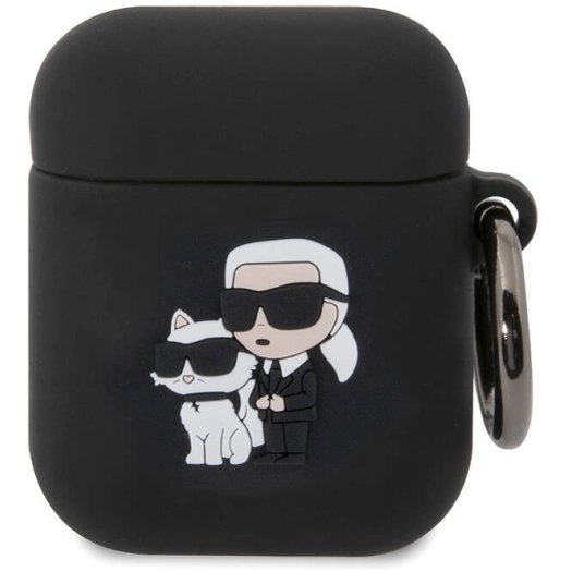 Apple Airpods Kılıf Karl Lagerfeld Orjinal Lisanslı Karl & Choupette 3D Silikon Kapak - Siyah