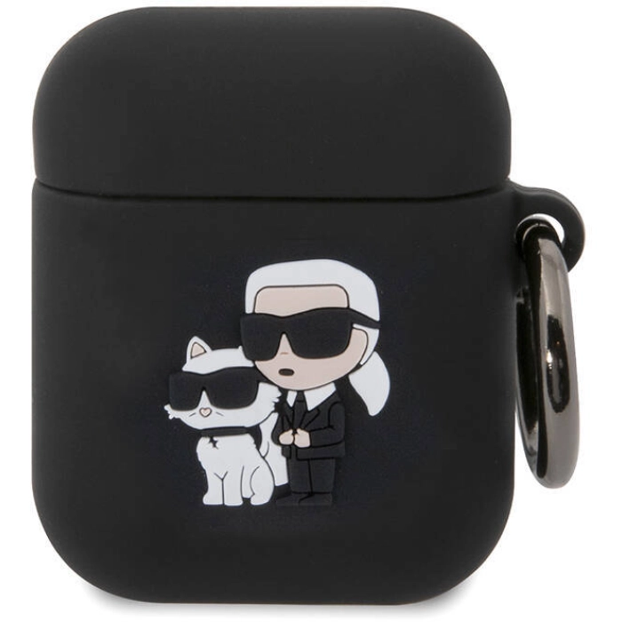 Apple Airpods Kılıf Karl Lagerfeld Orjinal Lisanslı Karl & Choupette 3D Silikon Kapak - Siyah