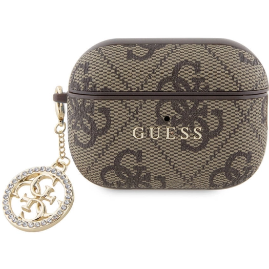 Apple Airpods Pro 2 Kılıf Guess Orjinal Lisanslı 4G Desenli Taşlı 4G Süs Zincirli Kapak - Kahverengi