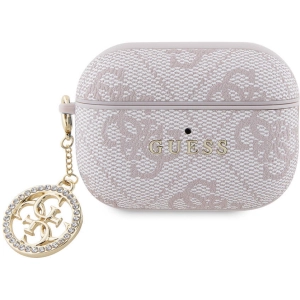 Apple Airpods Pro 2 Kılıf Guess Orjinal Lisanslı 4G Desenli Taşlı 4G Süs Zincirli Kapak - Pembe