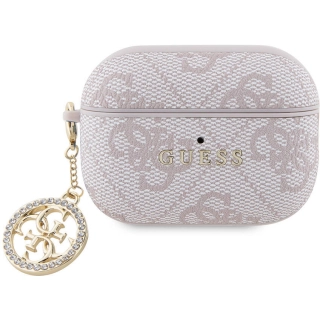 Apple Airpods Pro 2 Kılıf Guess Orjinal Lisanslı 4G Desenli Taşlı 4G Süs Zincirli Kapak - Pembe
