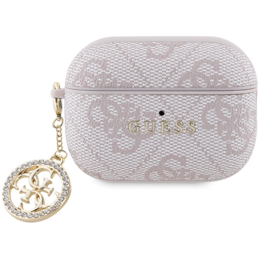 Apple Airpods Pro 2 Kılıf Guess Orjinal Lisanslı 4G Desenli Taşlı 4G Süs Zincirli Kapak - Pembe
