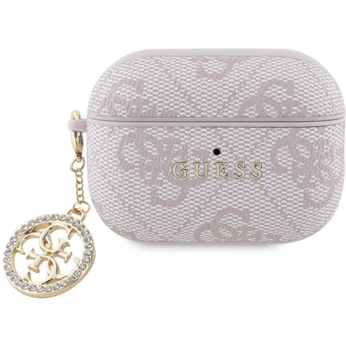 Apple Airpods Pro 2 Kılıf Guess Orjinal Lisanslı 4G Desenli Taşlı 4G Süs Zincirli Kapak - Pembe