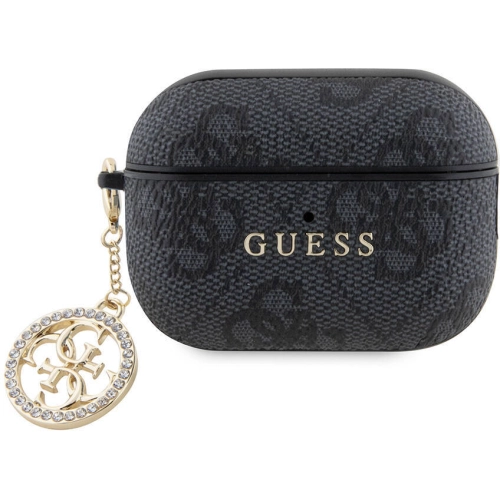 Apple Airpods Pro 2 Kılıf Guess Orjinal Lisanslı 4G Desenli Taşlı 4G Süs Zincirli Kapak - Siyah