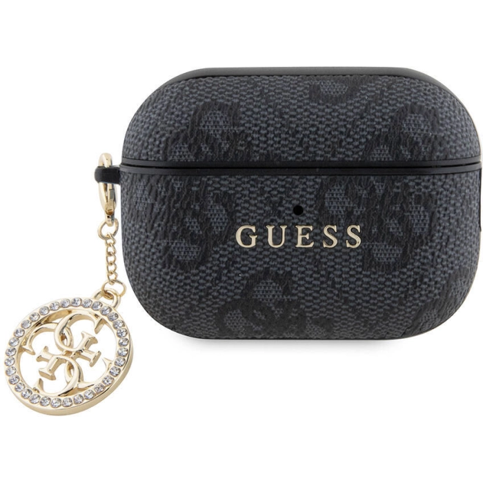 Apple Airpods Pro 2 Kılıf Guess Orjinal Lisanslı 4G Desenli Taşlı 4G Süs Zincirli Kapak - Siyah
