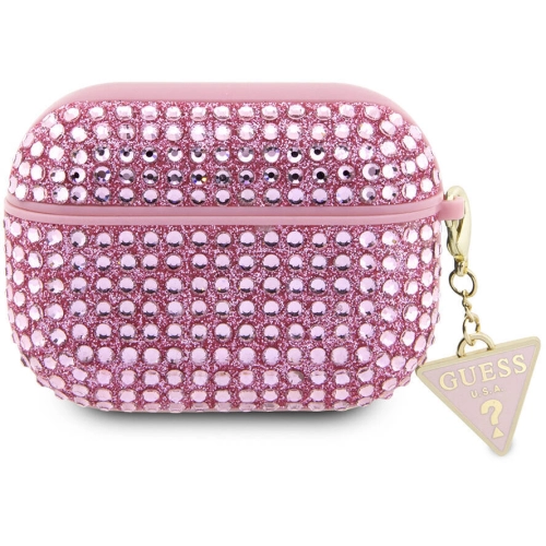 Apple Airpods Pro 2 Kılıf Guess Orjinal Lisanslı Parıltılı Taş Kaplamalı Üçgen Logo Süs Zincirli Kapak - Siyah