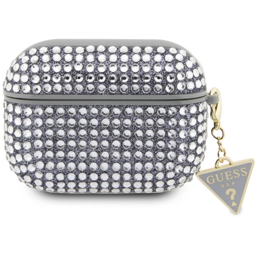 Apple Airpods Pro 2 Kılıf Guess Orjinal Lisanslı Parıltılı Taş Kaplamalı Üçgen Logo Süs Zincirli Kapak - Siyah