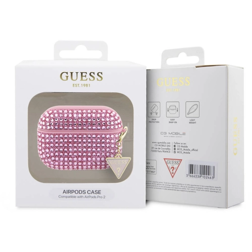 Apple Airpods Pro 2 Kılıf Guess Orjinal Lisanslı Parıltılı Taş Kaplamalı Üçgen Logo Süs Zincirli Kapak - Pembe