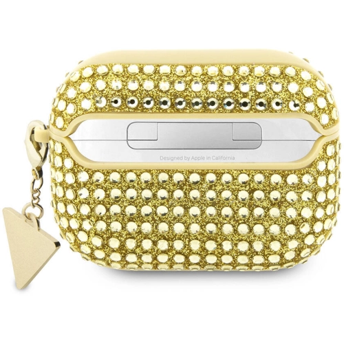 Apple Airpods Pro 2 Kılıf Guess Orjinal Lisanslı Parıltılı Taş Kaplamalı Üçgen Logo Süs Zincirli Kapak - Gold