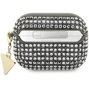 Apple Airpods Pro 2 Kılıf Guess Orjinal Lisanslı Parıltılı Taş Kaplamalı Üçgen Logo Süs Zincirli Kapak - Haki