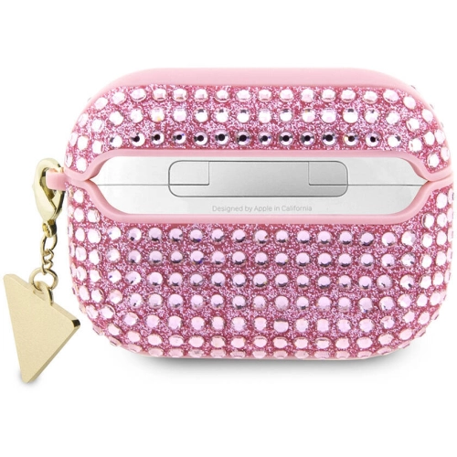 Apple Airpods Pro 2 Kılıf Guess Orjinal Lisanslı Parıltılı Taş Kaplamalı Üçgen Logo Süs Zincirli Kapak - Pembe