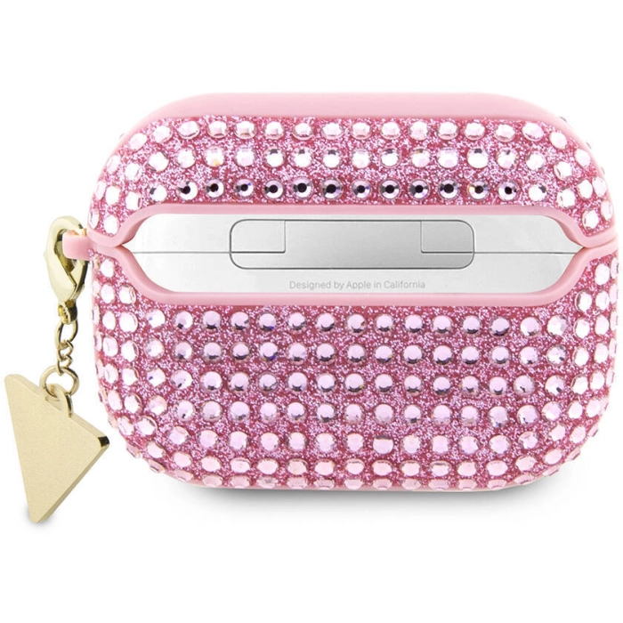Apple Airpods Pro 2 Kılıf Guess Orjinal Lisanslı Parıltılı Taş Kaplamalı Üçgen Logo Süs Zincirli Kapak - Pembe