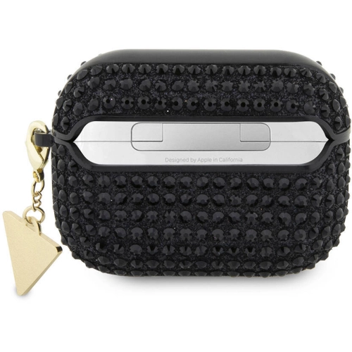 Apple Airpods Pro 2 Kılıf Guess Orjinal Lisanslı Parıltılı Taş Kaplamalı Üçgen Logo Süs Zincirli Kapak - Siyah