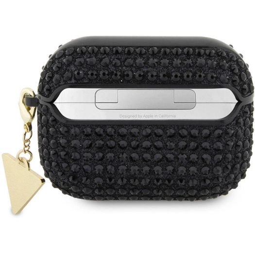 Apple Airpods Pro 2 Kılıf Guess Orjinal Lisanslı Parıltılı Taş Kaplamalı Üçgen Logo Süs Zincirli Kapak - Siyah