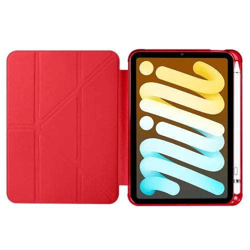 Apple iPad Mini 2021 (6.Nesil) Tablet Kılıfı Standlı Tri Folding Kalemlikli Silikon Smart Cover - Kırmızı