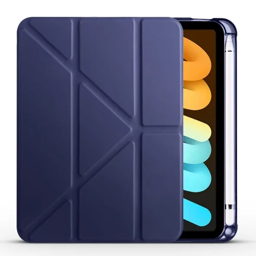 Apple iPad Mini 2021 (6.Nesil) Tablet Kılıfı Standlı Tri Folding Kalemlikli Silikon Smart Cover - Lacivert