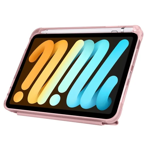 Apple iPad Mini 2021 (6.Nesil) Tablet Kılıfı Standlı Tri Folding Kalemlikli Silikon Smart Cover - Pembe