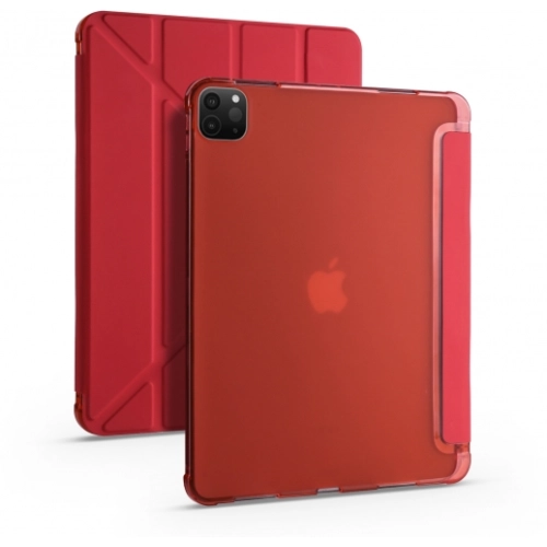 Apple iPad Pro 12.9 2021 (5. Nesil) Tablet Kılıfı Standlı Tri Folding Kalemlikli Silikon Smart Cover - Kırmızı