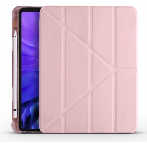 Apple iPad Pro 12.9 2021 (5. Nesil) Tablet Kılıfı Standlı Tri Folding Kalemlikli Silikon Smart Cover - Pembe