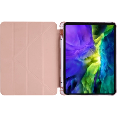 Apple iPad Pro 12.9 2021 (5. Nesil) Tablet Kılıfı Standlı Tri Folding Kalemlikli Silikon Smart Cover - Pembe