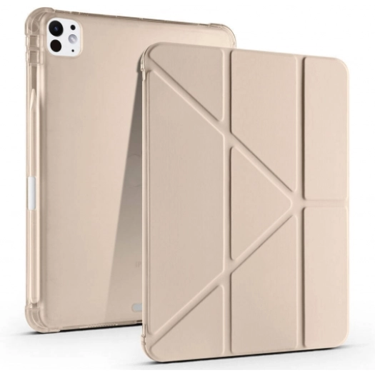 Apple iPad Pro 11 2024 Tablet Kılıfı Standlı Tri Folding Kalemlikli Silikon Smart Cover - Gold