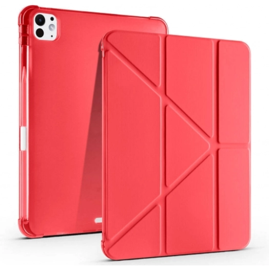 Apple iPad Pro 11 2024 Tablet Kılıfı Standlı Tri Folding Kalemlikli Silikon Smart Cover - Kırmızı