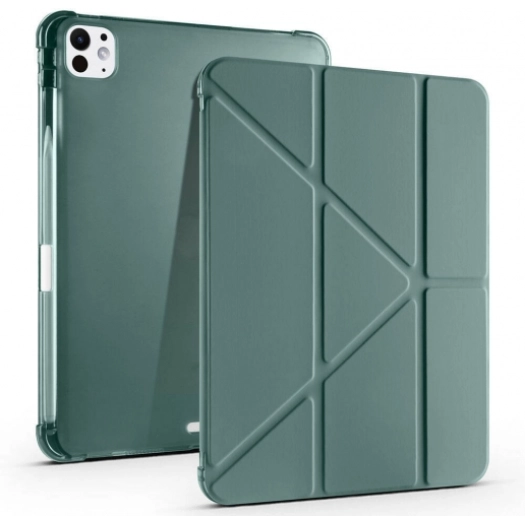 Apple iPad Pro 11 2024 Tablet Kılıfı Standlı Tri Folding Kalemlikli Silikon Smart Cover - Koyu Yeşil