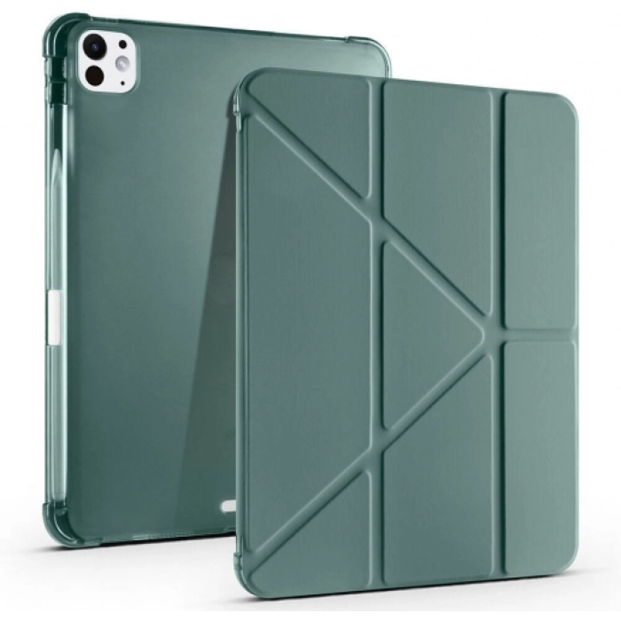 Apple iPad Pro 11 2024 Tablet Kılıfı Standlı Tri Folding Kalemlikli Silikon Smart Cover - Koyu Yeşil