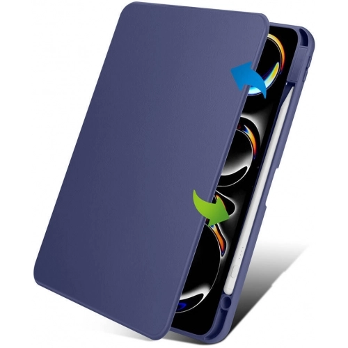 Apple iPad Pro 11 2024 Tablet Kılıfı Termik Kalem Bölmeli Dönebilen Standlı Kapak - Lacivert