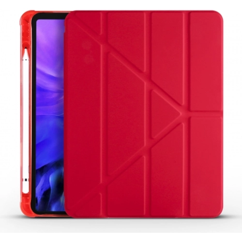 Apple iPad Pro 11 inç 2021 (3. Nesil) Tablet Kılıfı Standlı Tri Folding Kalemlikli Silikon Smart Cover - Kırmızı